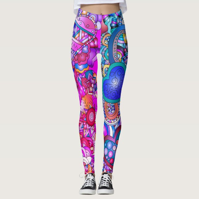 Leggings Colorful Hearts and Flowers Abstract Art (Devant)