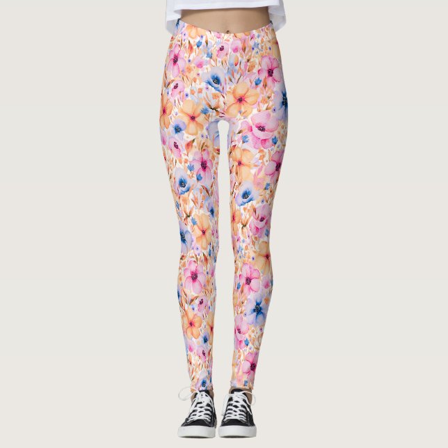Leggings Colorful Watercolor Wildflowers Floral Pattern (Devant)