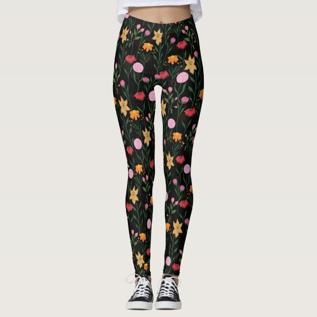 Leggings Colorful Wildflower Watercolor Black Design (Devant)
