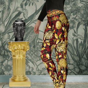 Leggings Comtesse Or Chaîne Florale Rouge Noir Damas