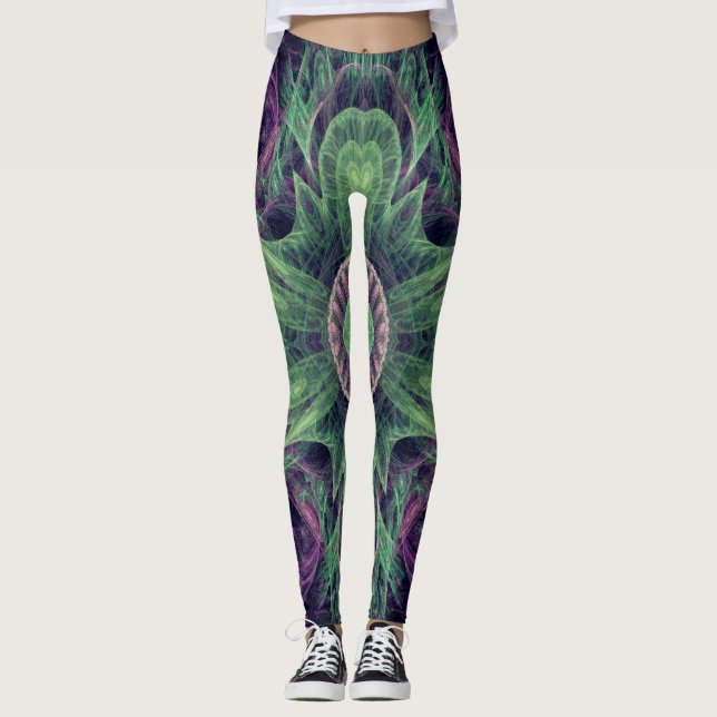 Leggings Conception Abstraite fractale violet et verte (Devant)