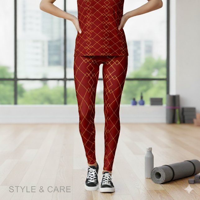 Leggings Conception de boîte géométrique dorée élégante rou (Stylish Gold Geometric Box Design Deep Red Leggings)