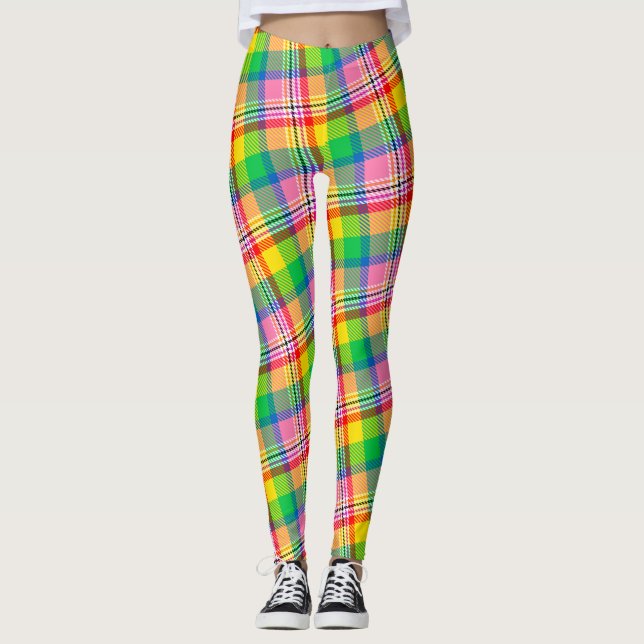 Leggings Conception de carreaux Madras jaune vert rose  (Devant)