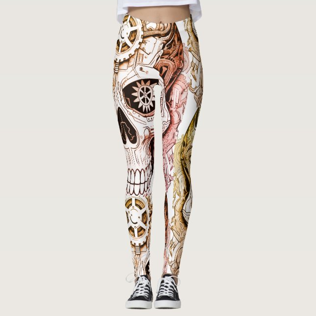 Leggings Conception de crâne de sucre Steampunk marron et n (Devant)