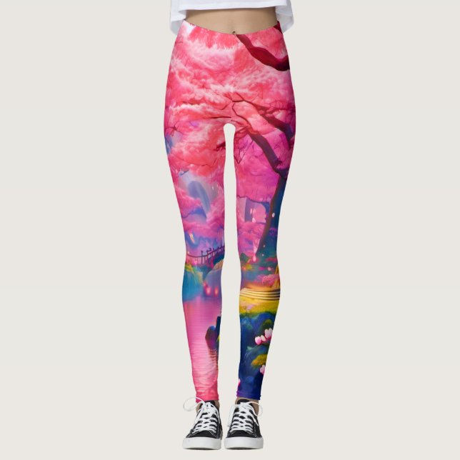 Leggings Conception de la forêt de fleurs roses (Devant)