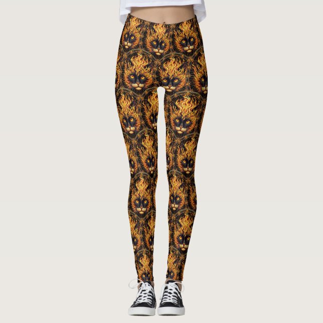 Leggings Conception de Mandala de chat de feu mystique (Devant)