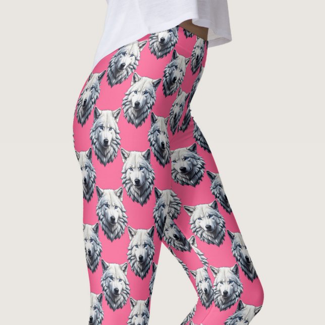Leggings Conception de motif de tête de loup blanc rose  (Créateur téléchargé)