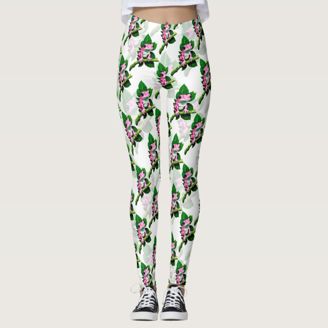 Leggings Conception de motif grenouille rose sur feuille ve (Devant)
