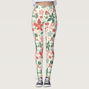 Leggings Conception florale lumineuse avec feuilles vertes