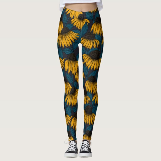 Leggings Confleurs jaunes sur bleu foncé (Devant)