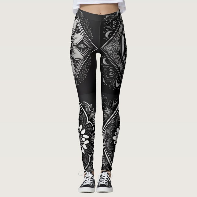 Leggings Confort élégant : Legings Mandala noirs et blancs (Devant)