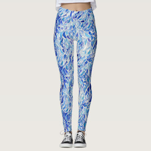 Leggings Cool Artistique Bleu Abstrait Vague Plume Aquarell