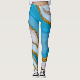 Leggings Cool Bleu et Marbre Or Look Yoga