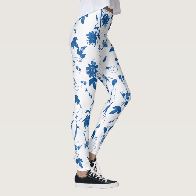 Leggings Cool Moderne Elégant Bleu Floral Toile (Droite)