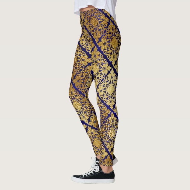 Leggings cool or marine bleu feuille motif femmes (Gauche)