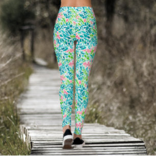 Leggings Cool Turquoise Floral Botanique Aquarelle Motif