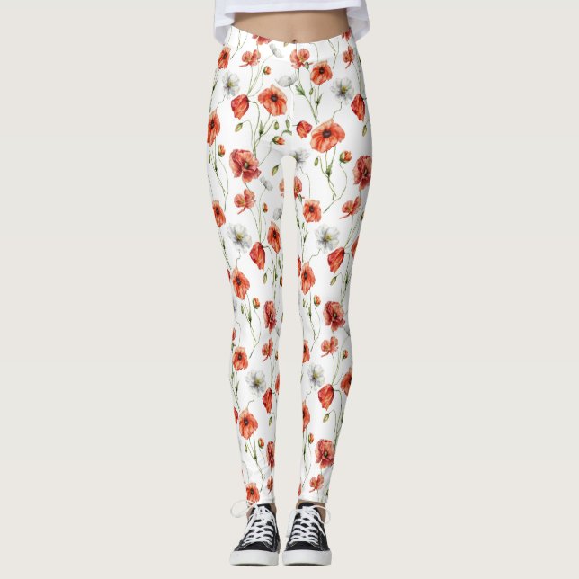 Leggings Coquelicots et fleurs sauvages blanches de prairie (Devant)