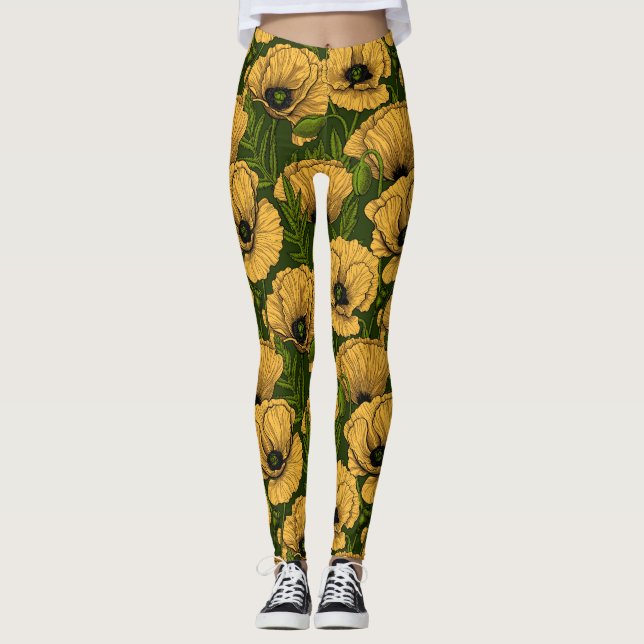 Leggings Coquelicots jaunes sur vert foncé (Devant)