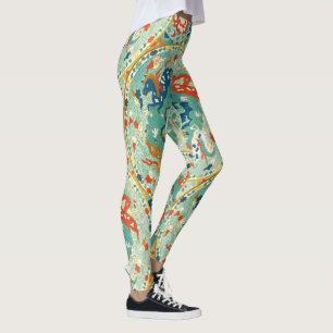 Leggings Corail Menthe et Cheval Bleu et Motif Floral