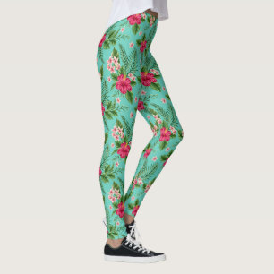 Leggings Corail Tropical Fleur Été Sur Turquoise