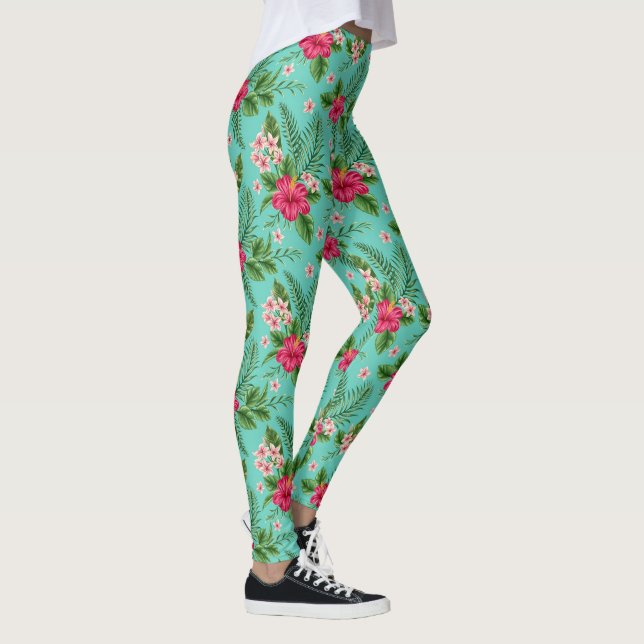 Leggings Corail Tropical Fleur Été Sur Turquoise (Droite)