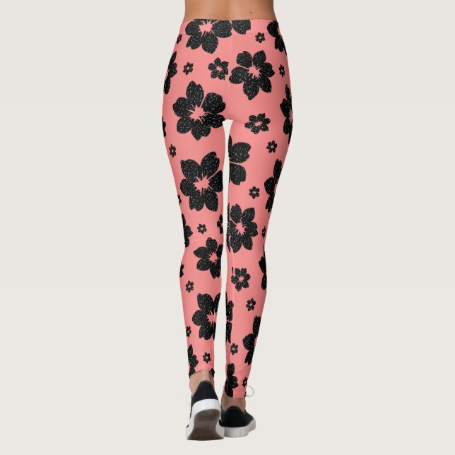 Leggings Coral Pink and black Flower diamond Glitter  (Dos)