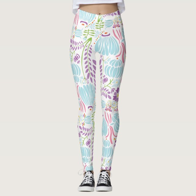 Leggings Coral rose floral vert et Motif Art déco bleu (Devant)