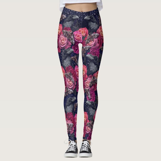 Leggings Corbeau rose rétro Evermore avec Roses et faucons (Devant)