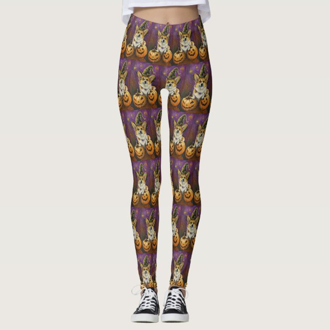 Leggings Corgi Chien Halloween Sorcière Citrouille Effrayan (Devant)