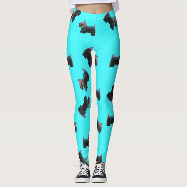 Leggings Cosmic Scottie Terrier arrière - plan turquois (Devant)