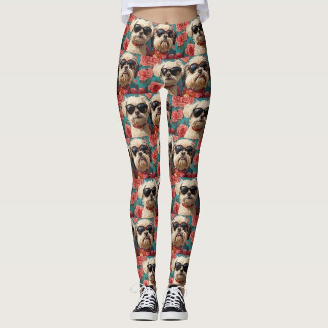 Leggings Coton De Tulear Avec Coeur Roses Saint-Valentin (Devant)