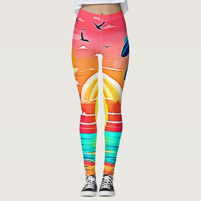 Leggings Coucher de soleil de plage tropical avec arc-en-ci (Devant)