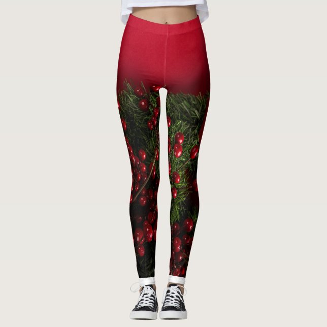 Leggings couronne de Noël avec des baies rouges (Devant)