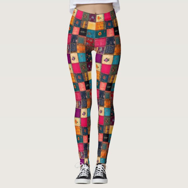 Leggings Courtepoint Patchwork Vibrant avec Florales Classi (Devant)