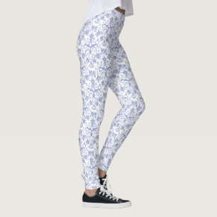 Leggings Coutume Bleu Matin Glory Damask Motif sur Blanc