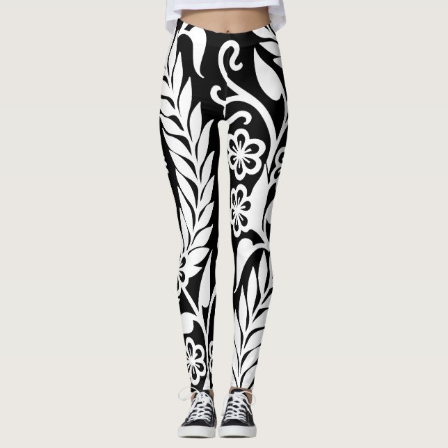 Leggings Coutume florale de motif de damassé blanche noire (Devant)