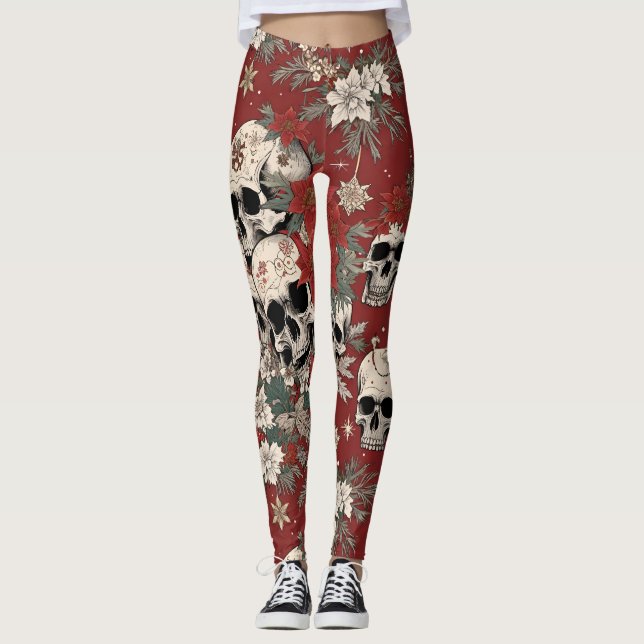 Leggings Crâne de Noël de style sérigraphie chic (Devant)