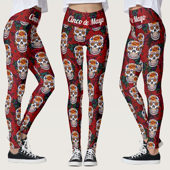 Leggings Crâne de sucre Cinco de Mayo Rouge Floral (Sugar Skull Cinco de Mayo Red Floral Leggings)