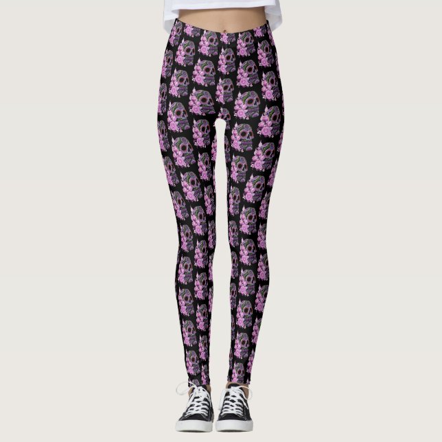 Leggings Crâne de sucre rose floral noir Jour des morts (Devant)