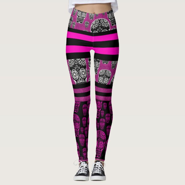 Leggings Crâne de sucre rose Jambes rayées (Devant)