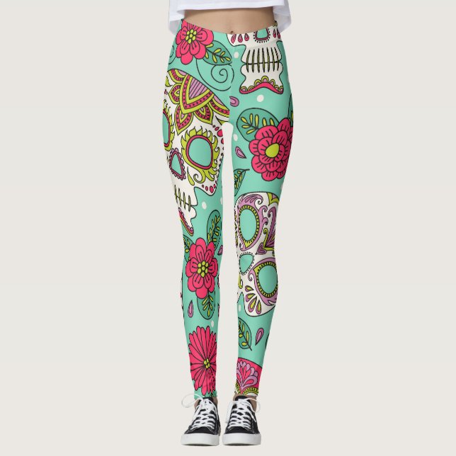 Leggings Crâne et fleurs mexicaines, sans soudure. (Devant)