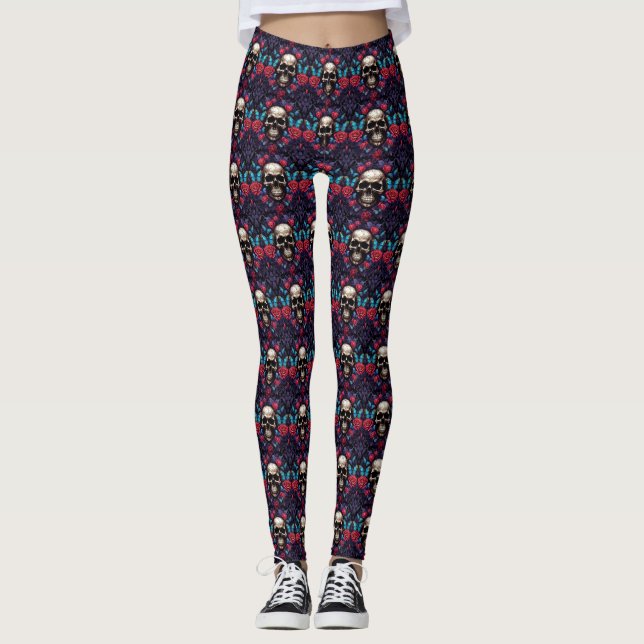 Leggings Crâne gothique et papillons bleus (Devant)