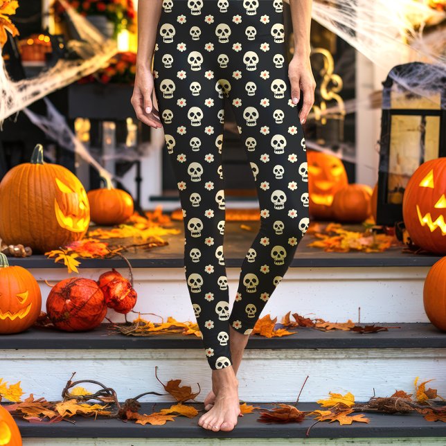 Leggings Crâne noir et fleurs Halloween florale (Créateur téléchargé)