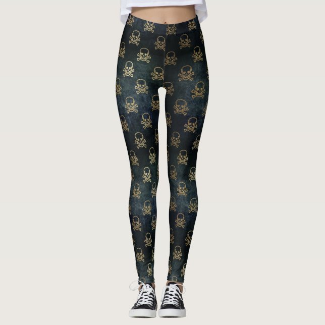 Leggings Crâne noir et or et pattes Motifs croisées (Devant)