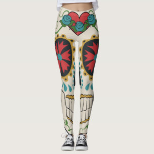 Leggings Crâne sucrier blanc, rouge et turquoise