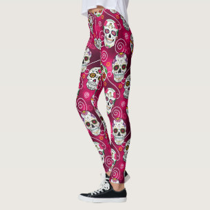 Leggings Crânes à sucre et tourbillons Rose Red ID725