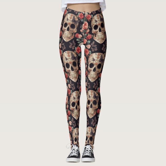 Leggings Crânes à sucre, papillons et fleurs (Devant)