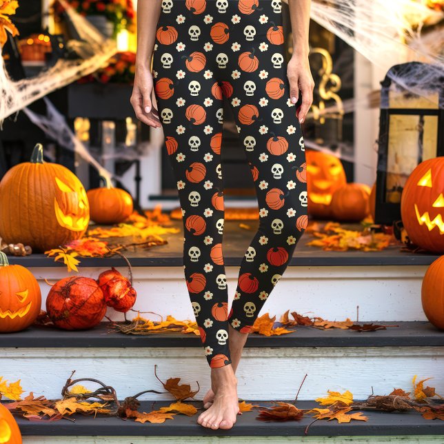 Leggings Crânes, citrouilles et fleurs d'Halloween noir (Créateur téléchargé)