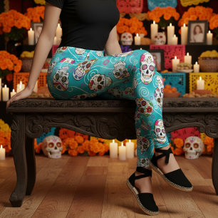 Leggings Crânes de sucre et tourbillons Turquoise ID725