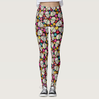 Leggings Crânes et fleurs colorés de sucre sur le noir